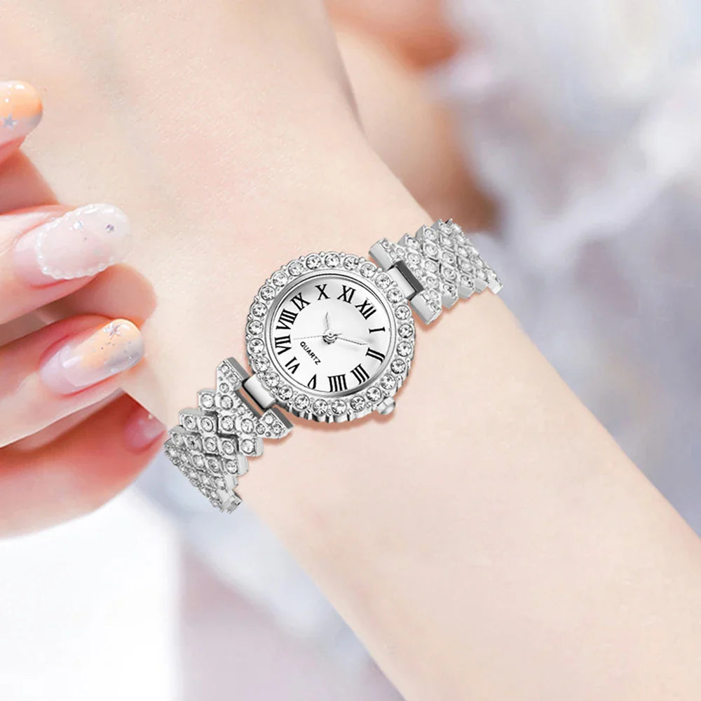2-piece Ladies' Roman Scale Full Diamond Quartz Watch Heart Bracelet Accessory Set Suitable For Daily Wear