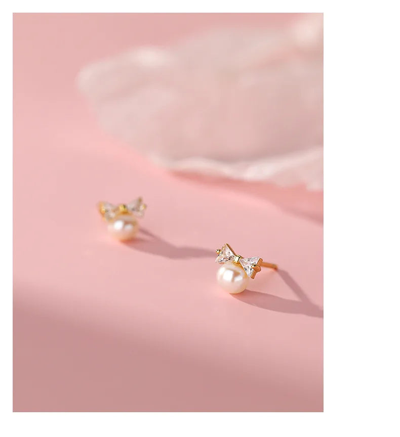 Korea Exquisite Vintage Zircon Pearl Bow Sweet Stud Earrings for Women 925 Sterling Silver Jewelry