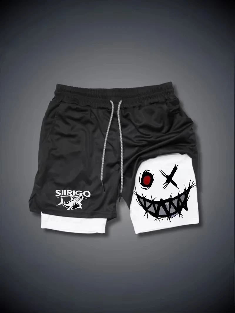 2024 Men's Smiling Face Printed Fitness Shorts Double-Layer 2-in-1 Quick Drying Fitness Outdoor Leisure Training Sports Shorts
