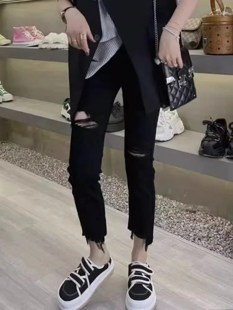 Women's Jeans Spring And Autumn Slimming Black Ripped Pants