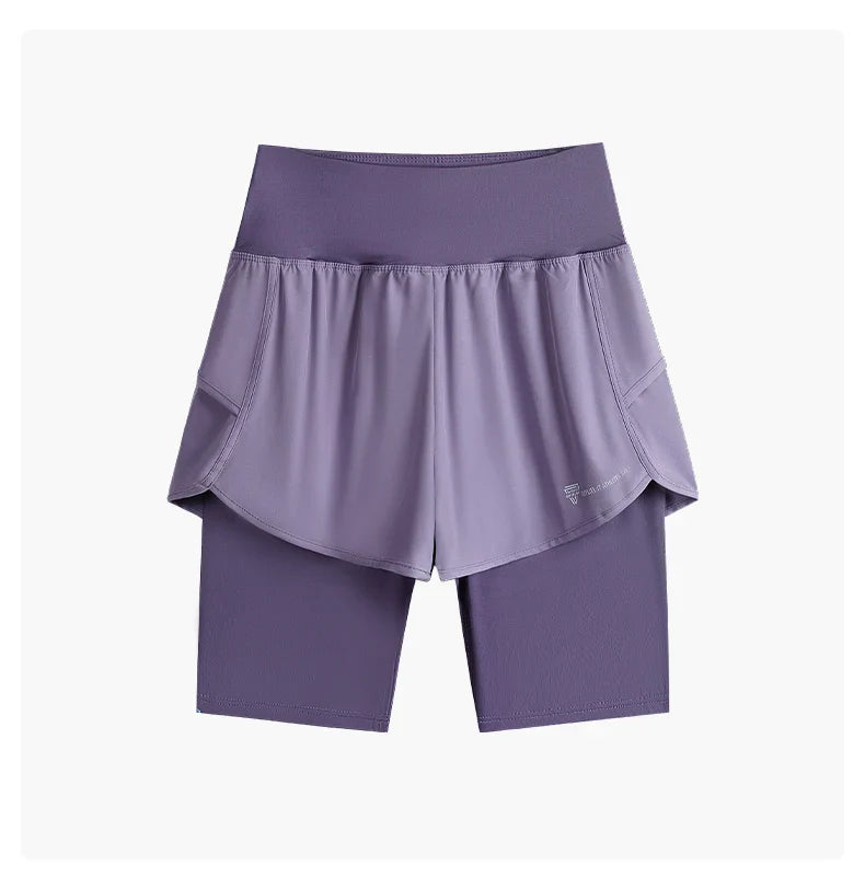 DRUR Yoga Shorts Women Summer Fake Two Piece High Waist Loose Gym Shorts With Pocket Ladies Lightweight Fitness Running Clothes