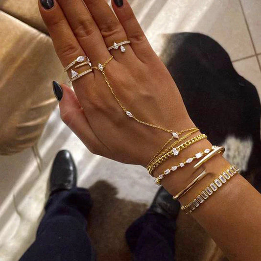 2025 New Geometric Marquise Cubic Zirconia CZ Paved Double Wrist Hand Chain Bracelet Simple Fashion Women Finger Slave Jewelry