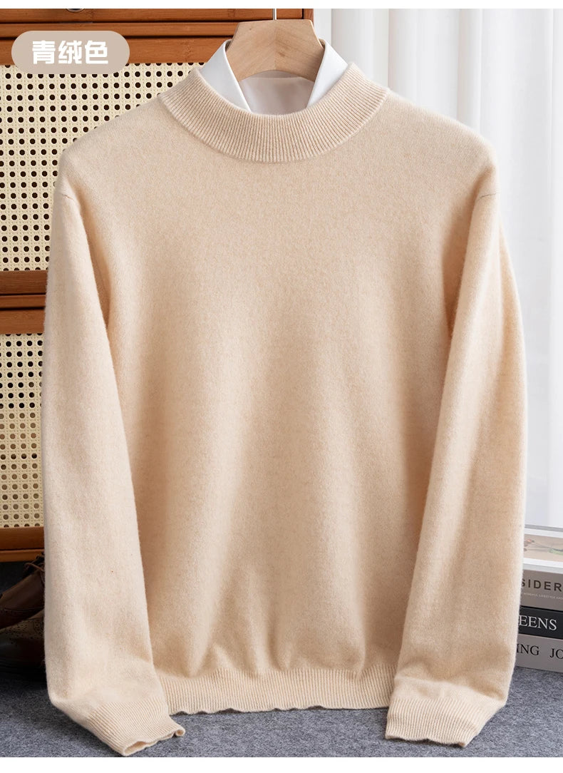 Fashion Men's 100% Wool Pullover Half-high Collar Sweater Autumn Winter Warm Top