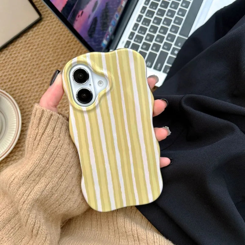Fashion 2 in 1 Glossy Stripes Phone Case For IPhone 16 15 14 13 Pro Max Comfortable Touch Wave Edges Hard Slim Back Cover Shell