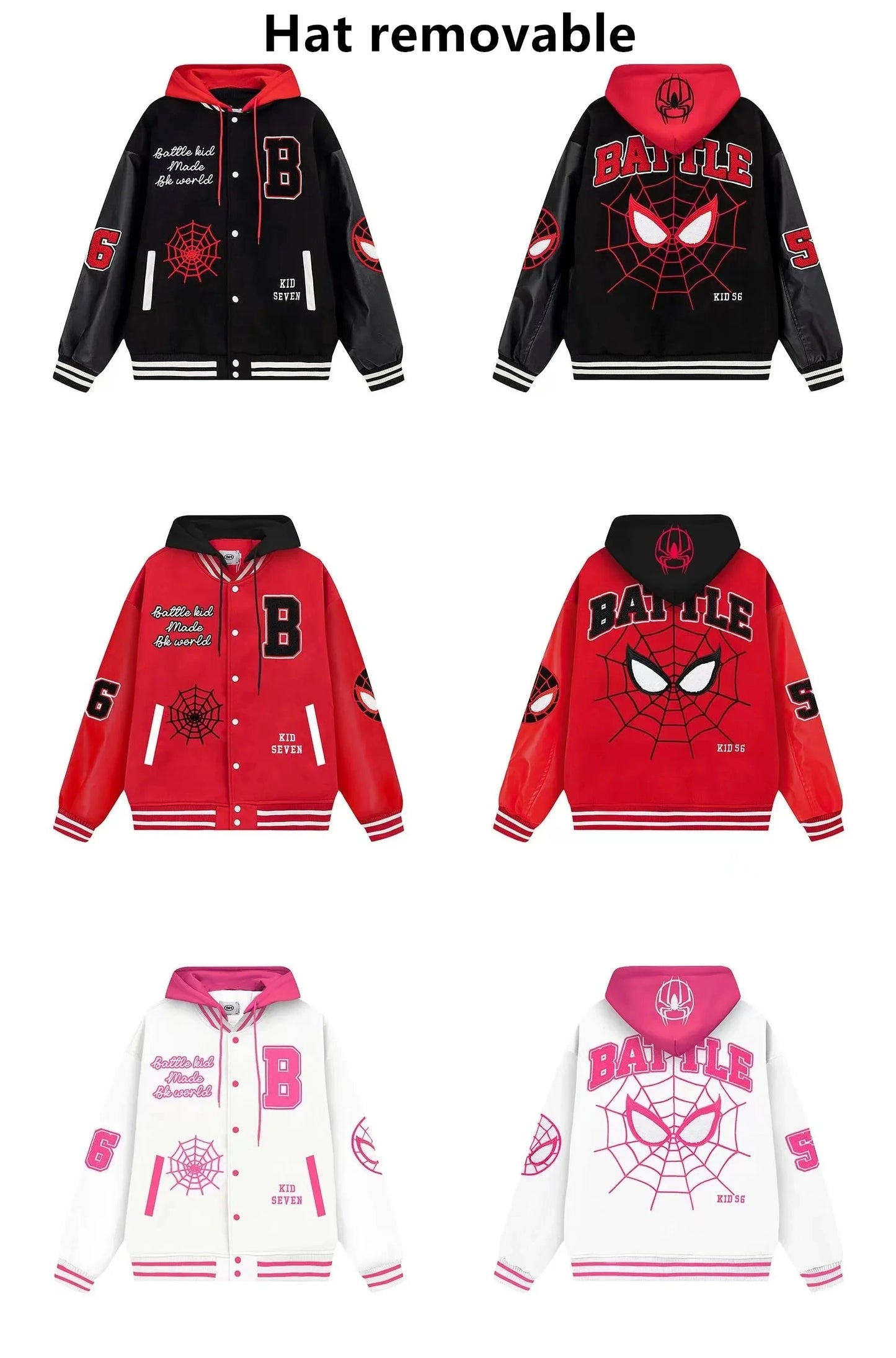 Jackets Men Embroidery Baseball Jacket removable Hat Spliced PU Leather