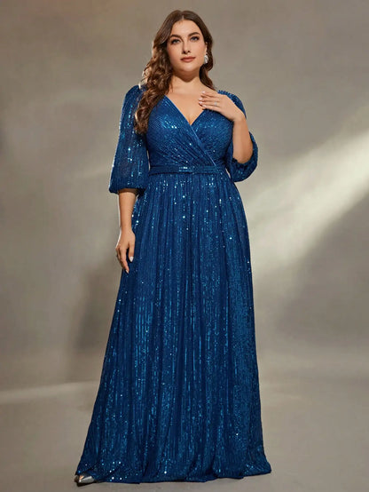 Mgiacy plus size V-neck bust pleated mid-long sleeve A-frame sequin long dress Evening gown PROM dress Party dress