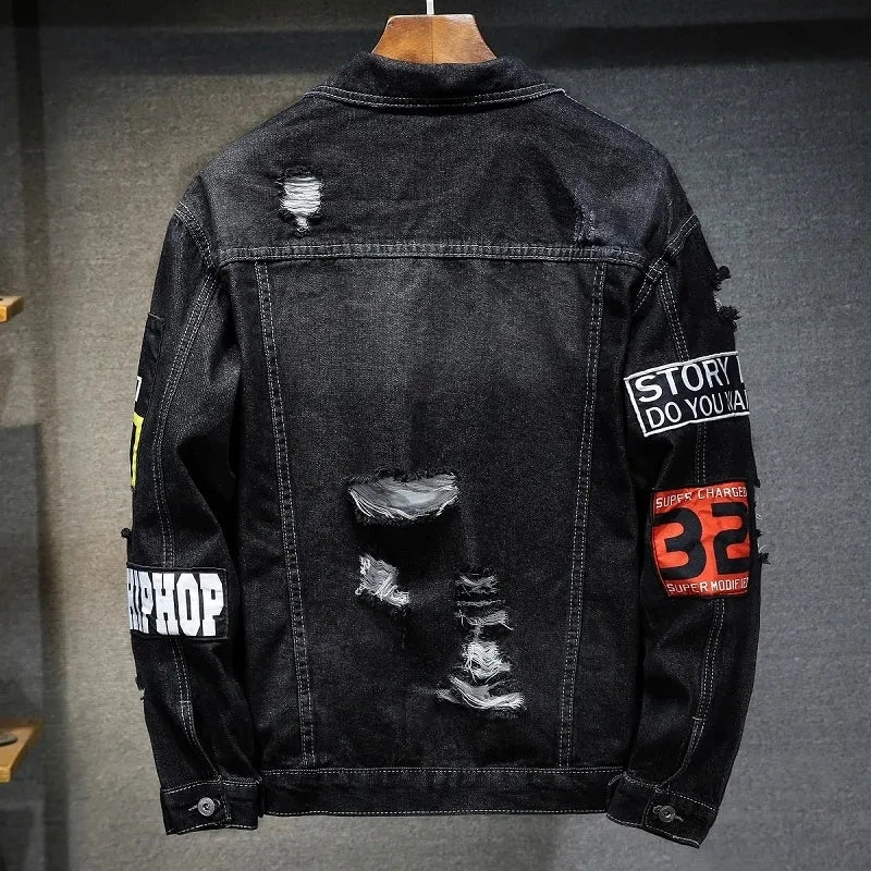 Denim Jacket Men Women Hip Hop Streetwear Punk Motorcycle Ripped Print Jeans Coat