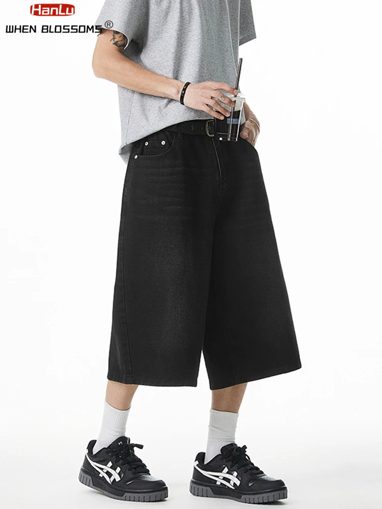 2025 Summer Men's Wide Leg Jeans Shorts Vintage Distressed Wash Y2K Straight Elastic Waist Loose Casual Relaxed Fit