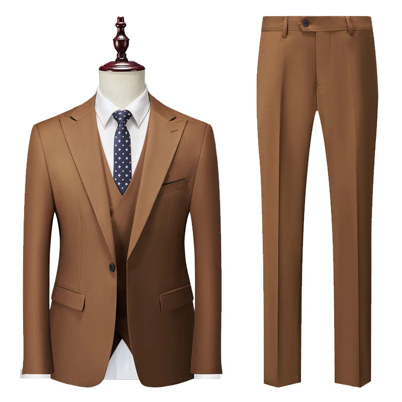 ( Jacket + Vest + Pants ) Solid Color Office Business Formal Men's Suit Three Piece Set Groom Wedding Dress Party Tailcoat
