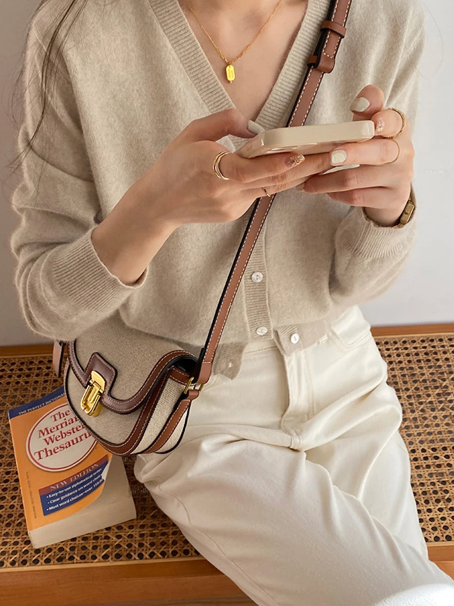 Contrast Panel Canvas Retro One Shoulder Crossbody Saddle Bag