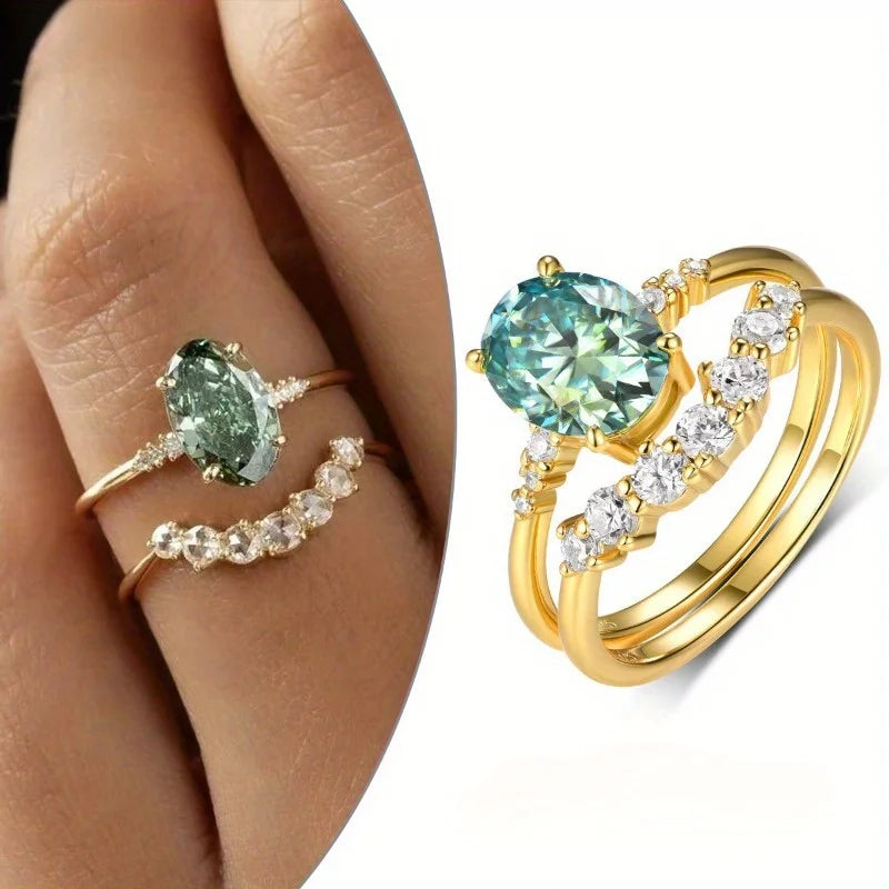 S925 Silver 2CT Green Moissanite Ring Exquisite Jewelry Plated with 18k Gold Suitable for Gift Giving Anniversary Birthday Gift