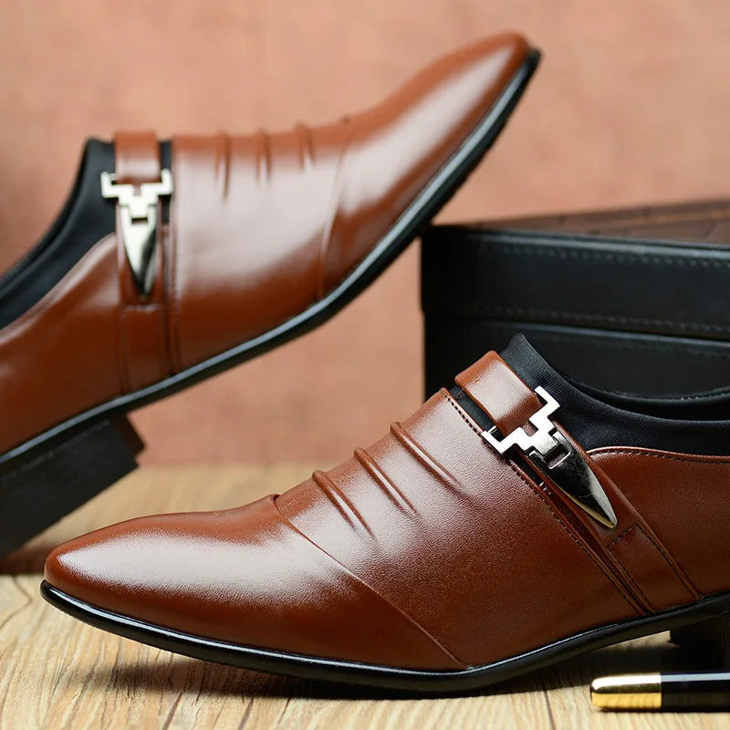 2023Classic Men Dress Shoes Slip on Black Leather Shoes for Men Plus Size Point Toe Business Casual Men Formal Shoes for Wedding