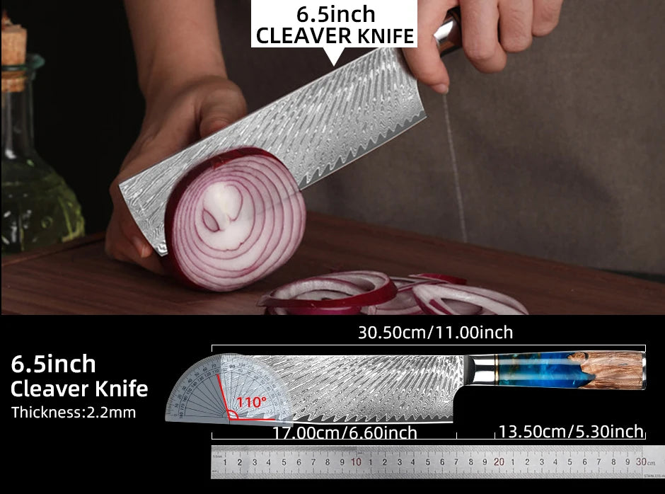 Kitchen Knives-Set Damascus Steel VG10 Chef Knife Cleaver Paring Bread Knife Blue