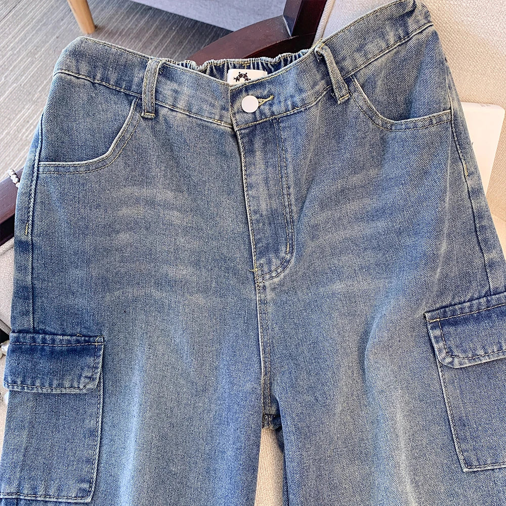 Plus size women's fall casual denim pants Blue washed denim  cargo pants