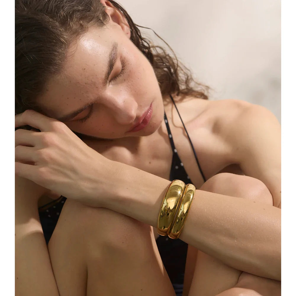 Yhpup 18K Golden PVD Plated Stainless Steel Double Layer Cuff Statement Bracelet Bangle Smooth Metal Texture Attractive Jewelry