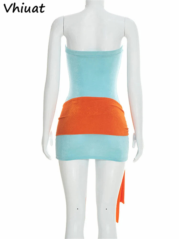 Vhiuat Summer Women Patchwork Sleeveless Strapless Short Dress Backless Bandage Sexy Elegant Casual Beach Party Dress 2026