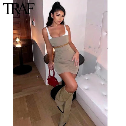 TRAF Women Fashion Summer New Sexy Sleeveless Contrast Backless Sling U-Neck Birthday Party Dress Chic Female Evening Mujer