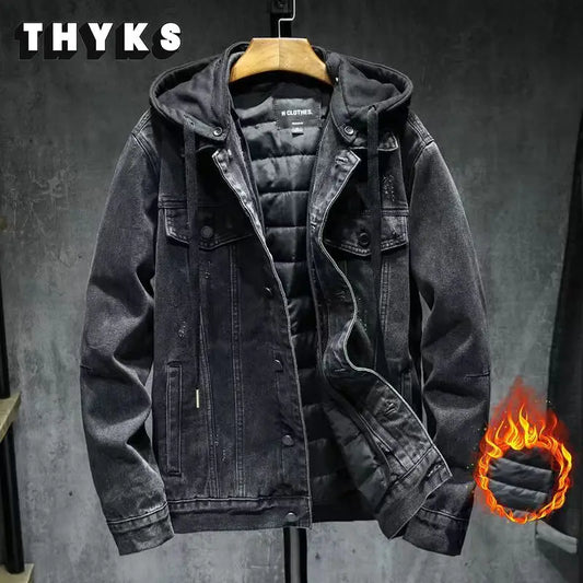 Plush Denim Hooded Jackets Fashion Winter Casual Removable Thicken Hole Loosed Jeans