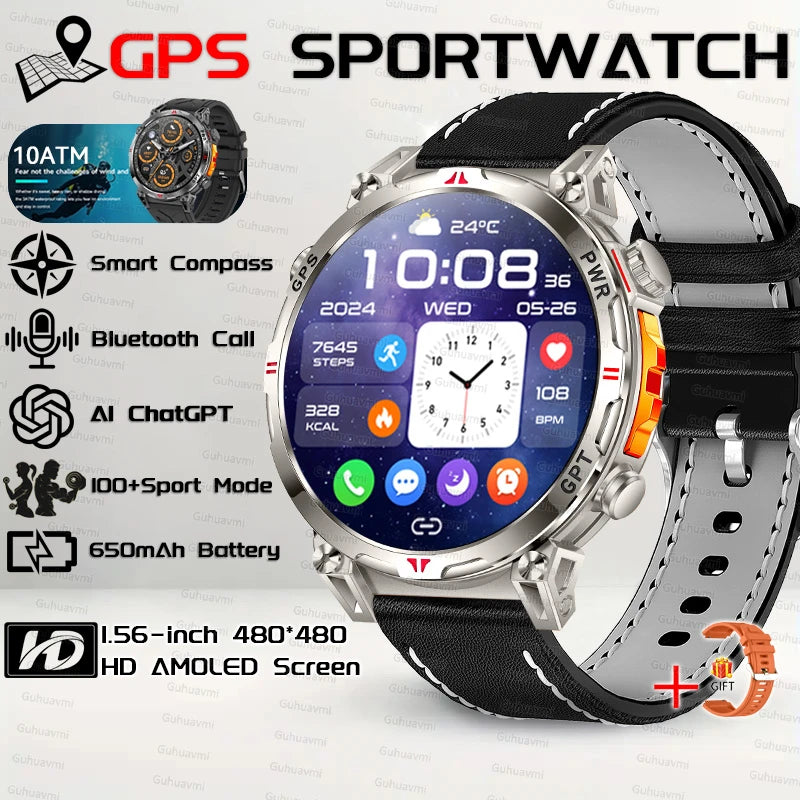 2025New Military GPS Sport Smartwatch Men 650mAh AMOLED Screen Compass Altimeter 10ATM Waterproof Heart Rate Wireless Call Clock