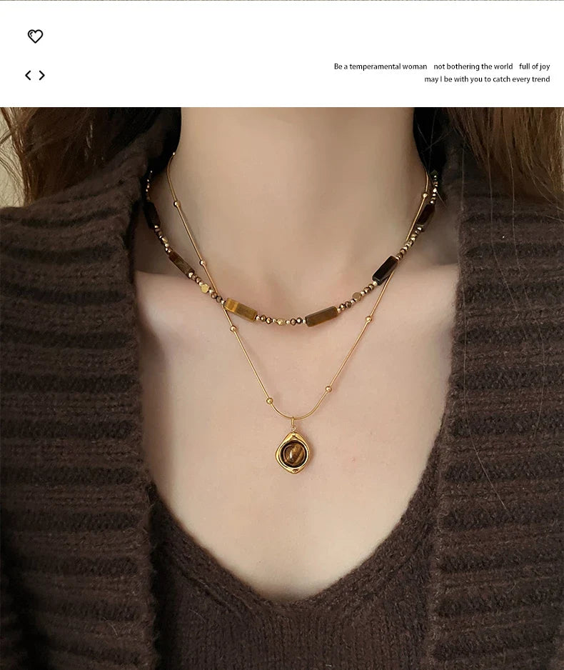Retro Temperament Layered Tiger Eye Stone Pendant Necklace For Women Stainless steel Double-Layer Collarbone Chain Sets Jewelry