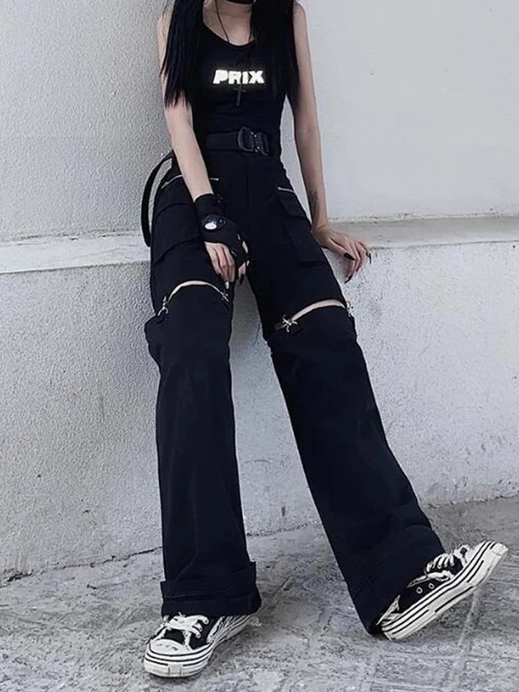 Techwear Gothic Black Cargo Pants Women Streetwear Hollow Out Punk Wide Leg