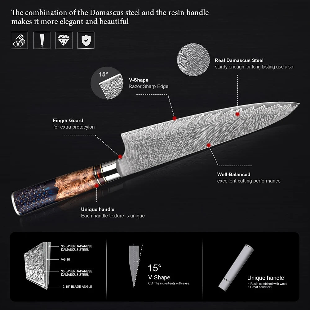 1-9 Piece Kitchen Knives Set Damascus Steel Chef Knife Sharp Cut Vegetables