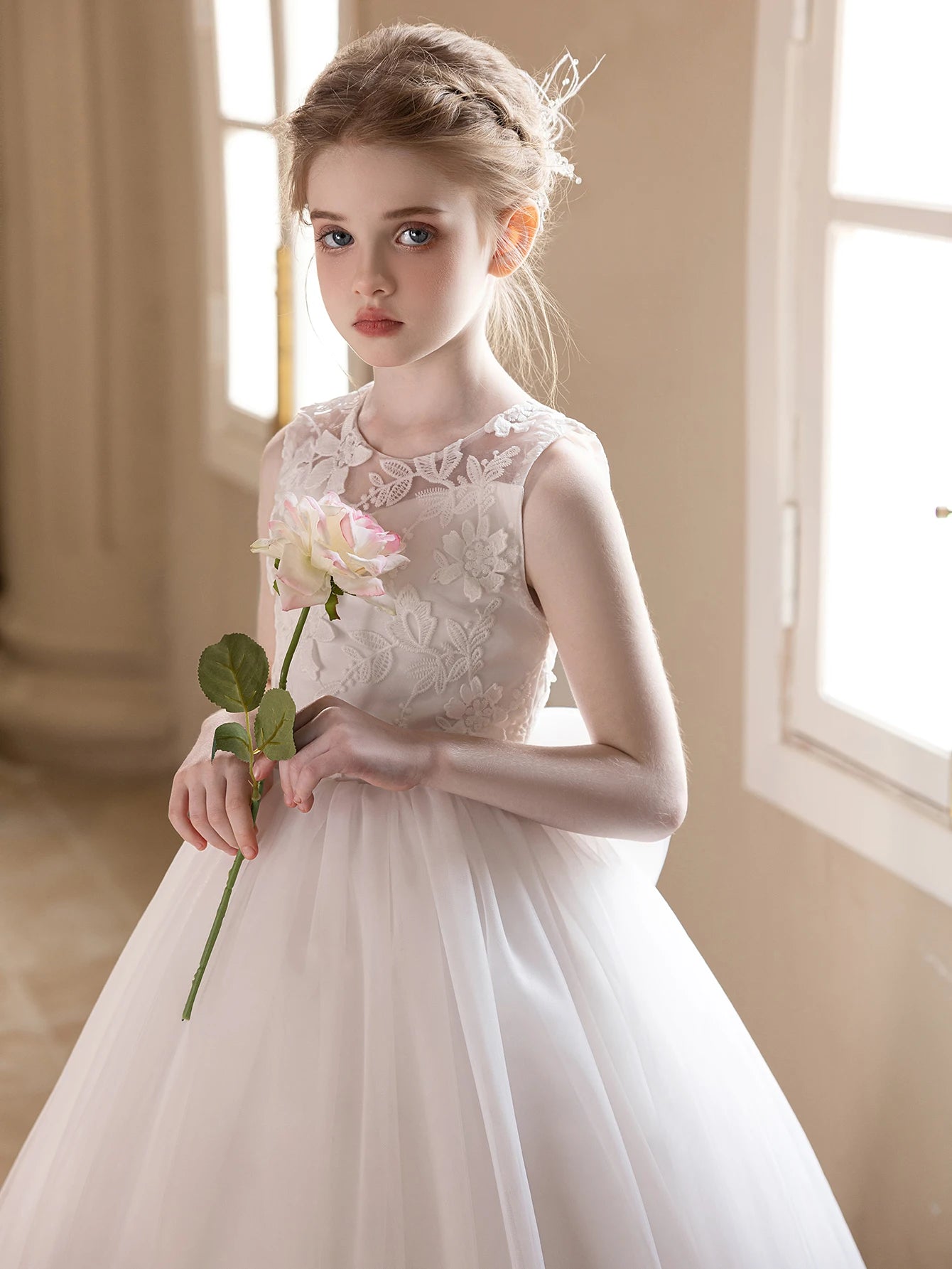 Teen Girls White Wedding Gauze Dress Lace Embroidery Big Bow Evening Puffy Gauze Bridesmaid Dress