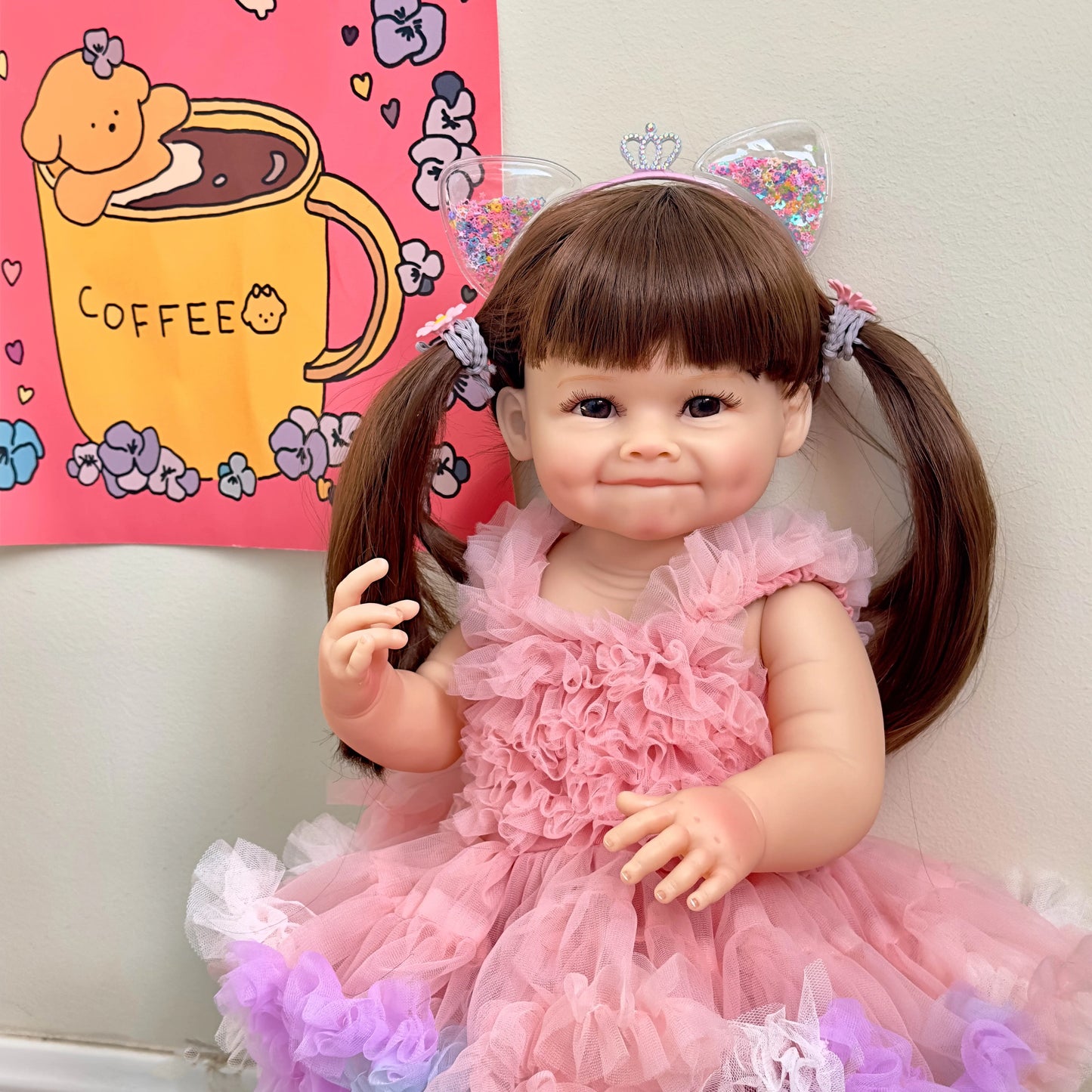 NPK 55CM Reborn Toddler Doll with Pink Dress Full Body Soft Silicone Raya Lifelike Soft Touch High Quality Doll Gifts