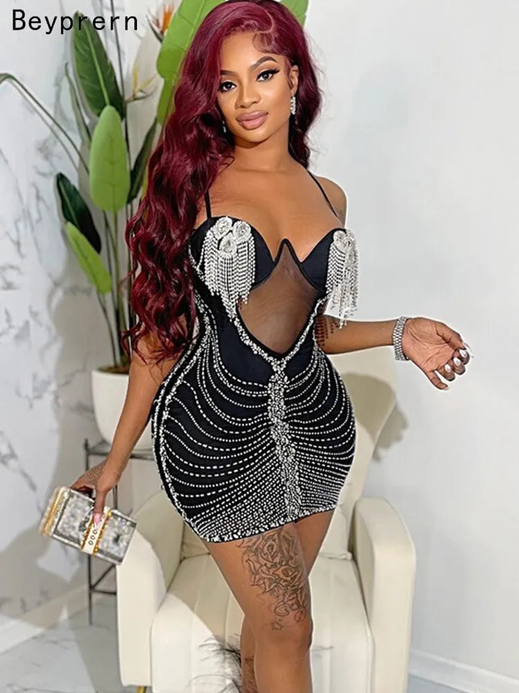 Evening Dresses: Mini Dress Luxury Woman Evening Dress Crystal Birthday Outfits