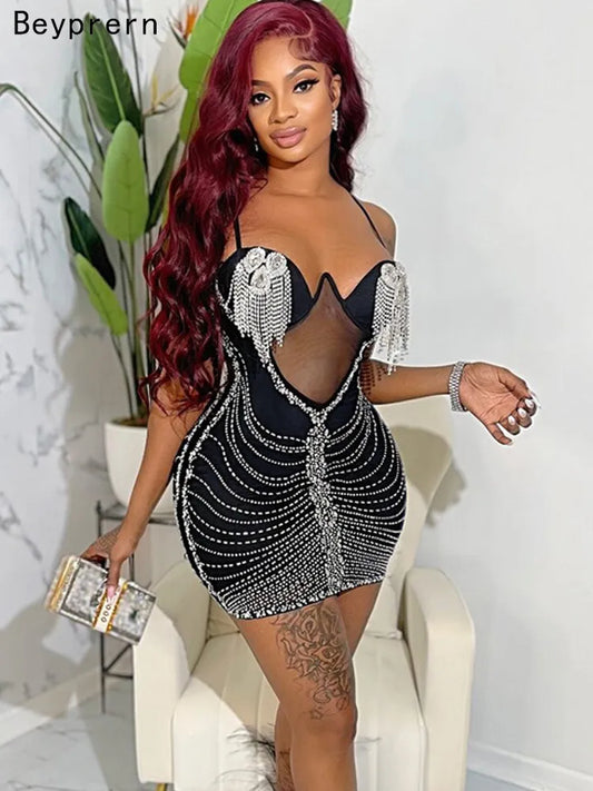 Evening Dresses: Mini Dress Luxury Woman Evening Dress Crystal Birthday Outfits