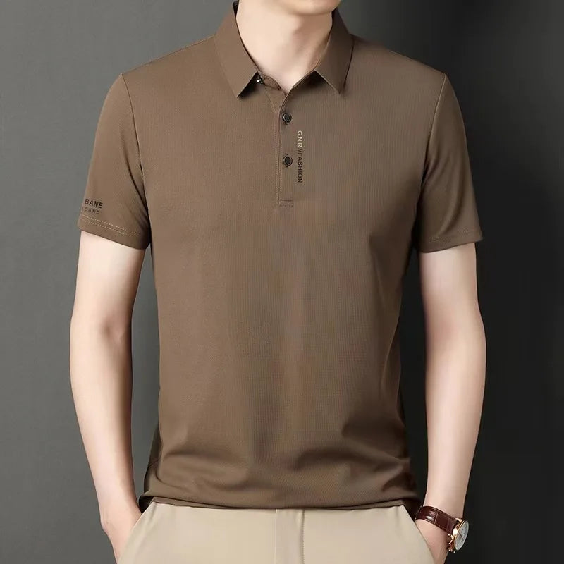 2025 Men's Short Sleeve Solid Color Polo Shirt Breathable Comfortable Elastic Top New Arrivals Casual Business Style