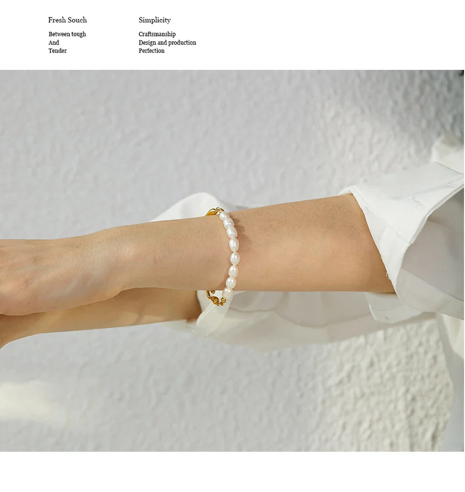 Yhpup Luxury Natural Freshwater Pearls Stainless Steel 18k Gold Color Bracelet Bangle Temperament Fashion Jewelry Women New Gift