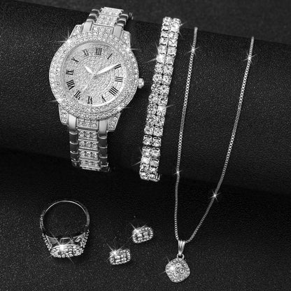 6PCS/Set Luxury Full Diamond Women Watches Fashion Ladies Quartz Wristwatch Jewelry Set Reloj Mujer（Without Box）