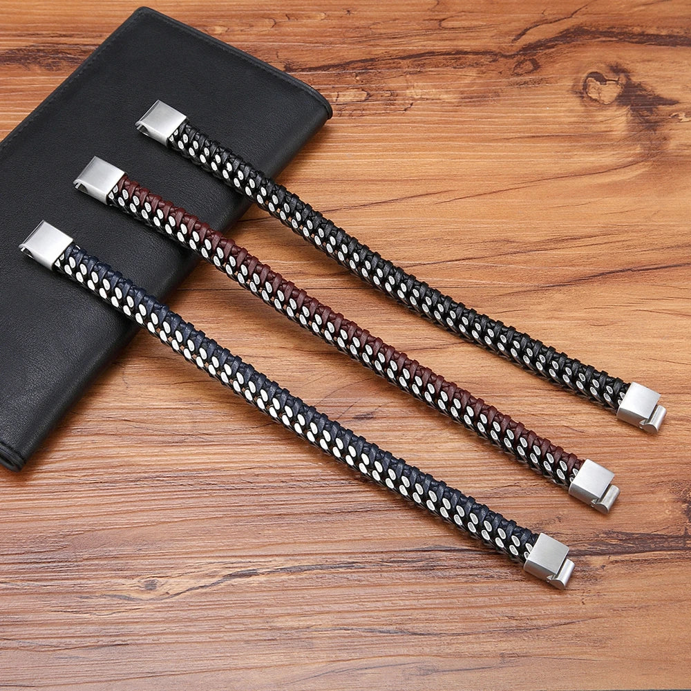 TYO New Fashion Stainless Steel Double Chain Braid Leather Mens Bracelet with Magnetic Buckle Best Gifts Whoesale Dropshipping