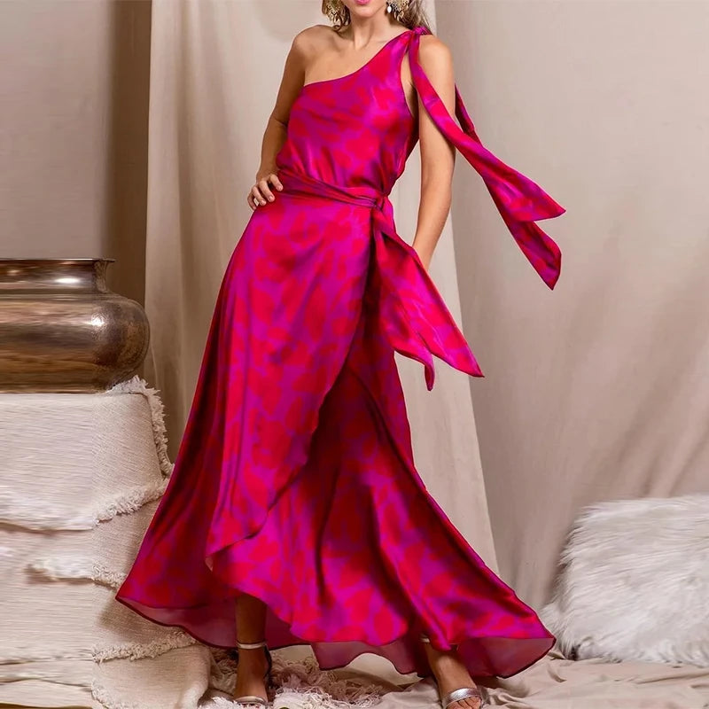 Evening Dresses: Women Maxi Dress Summer Fashion One Shoulder Printed Sleeveless