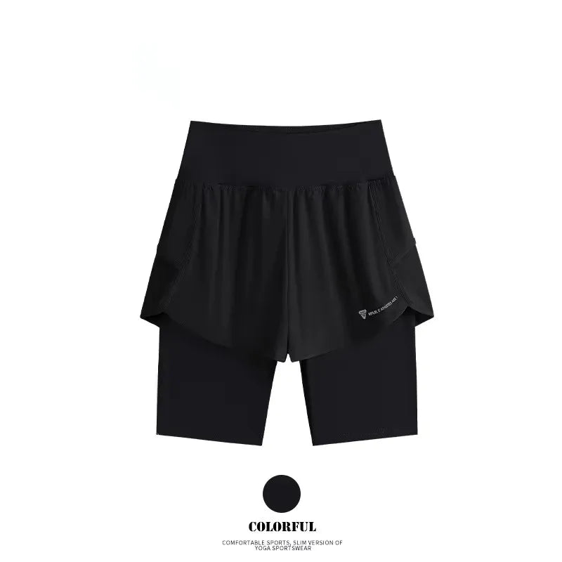 DRUR Yoga Shorts Women Summer Fake Two Piece High Waist Loose Gym Shorts With Pocket Ladies Lightweight Fitness Running Clothes