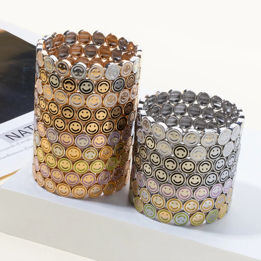 2024 New Happy Bangle Paved Diamond Enamel Beaded Bracelets For Women Boho Gold Color Elastic Bracelets