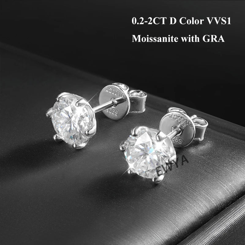 EWYA 0.2/0.5/2ct D Color Moissanite Screw Stud Earrings for Women Men Silver 925 Plated 18K Pass Diamond Test 6 Prong Earring