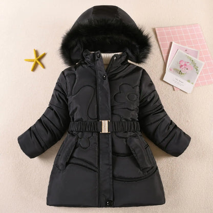 Thick Keep Warm Winter Girls Jacket Detachable Hat Plush Collar Hooded Padded Lining Coat For Kids Children Birthday Present