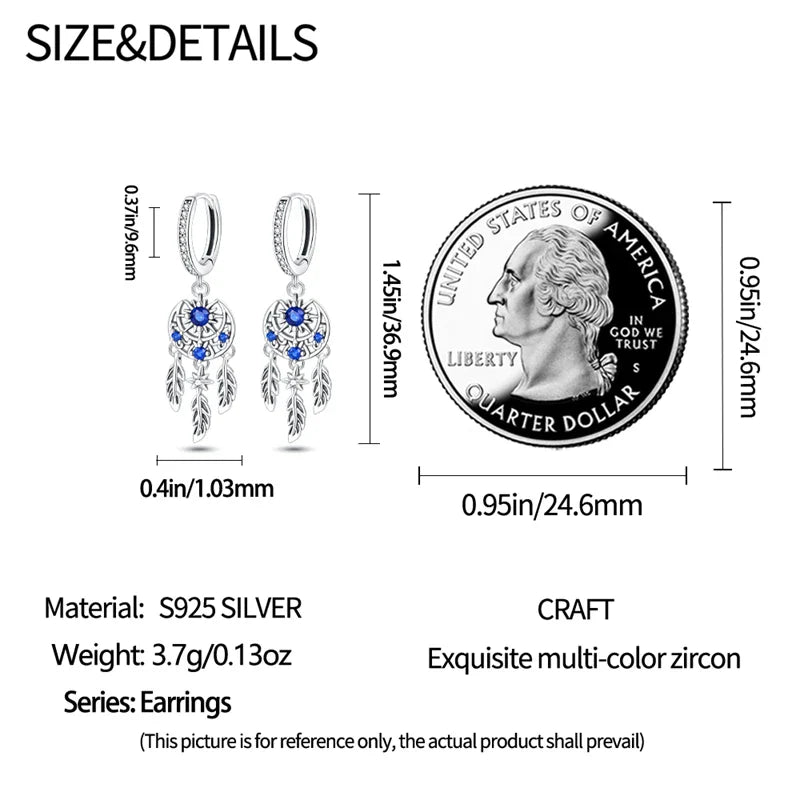 New in 925 Silver Romantic Feather Moon Stars Dream Catcher Earrings For Women Trending Fashion Jewelry Creative Birthday Gifts