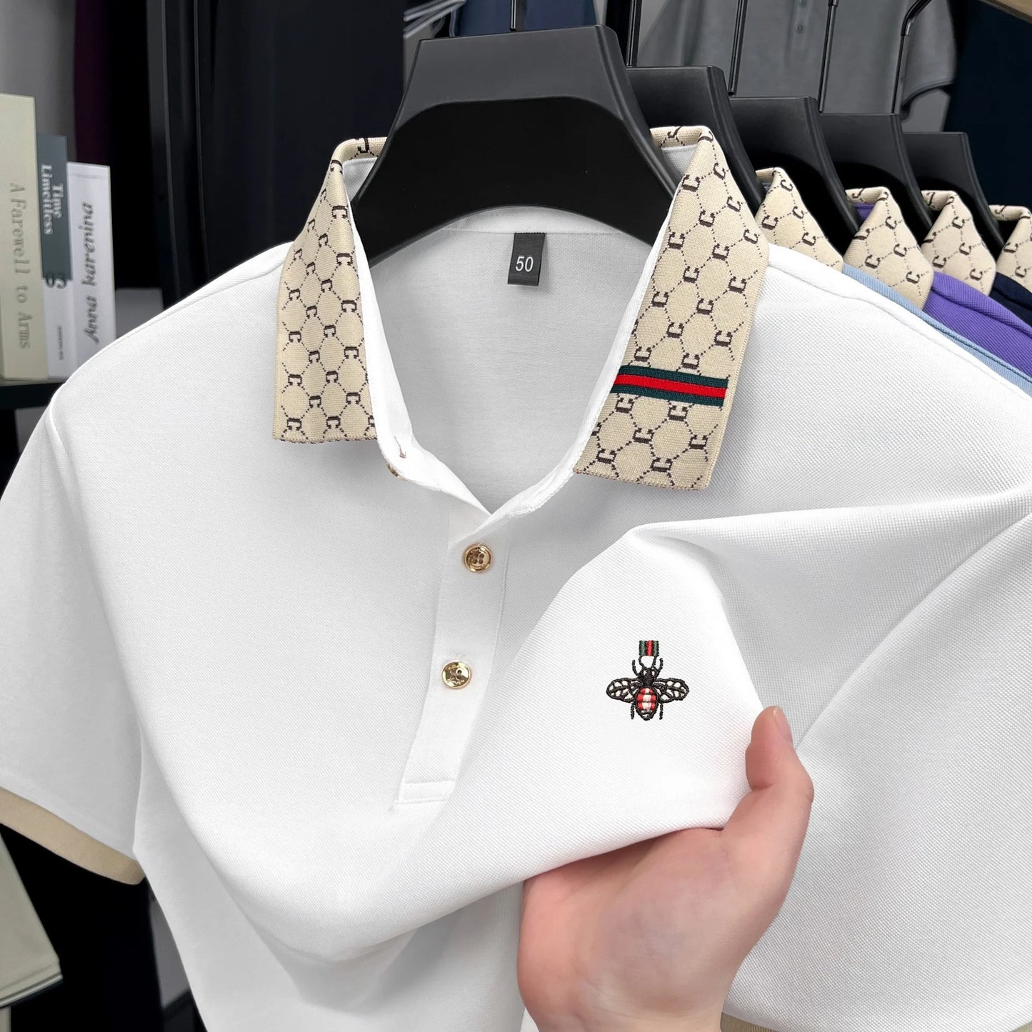 Personality letter jacquard lapel short sleeve T-shirt men high-end brand Little Bee embroidery fashion trend summer polo shirt