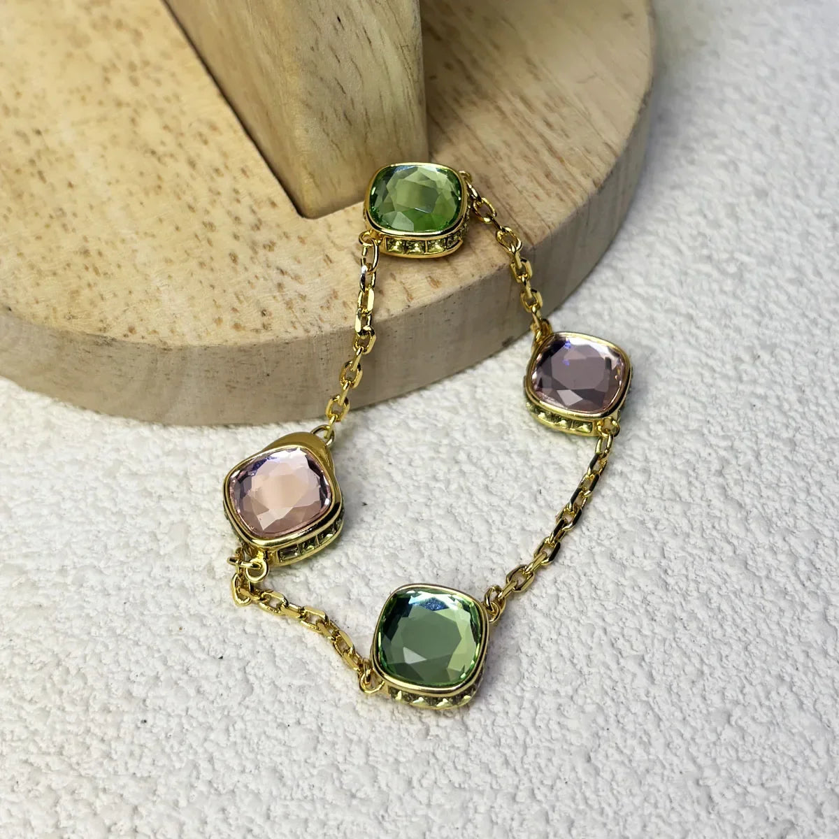 Original 2025 Fine Jewelry Set for Women Green Crystal Pink Crystal Geometric Bracelet Octagonal Cut Crystal Romantic Gift