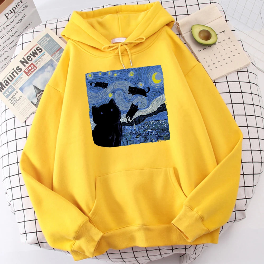 The Starry Cat Night Printing Hoodies Men Autumn Oversize Hoodie Fashion Fleece