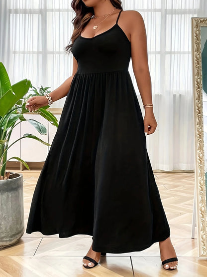 Europe and America Plus Size Women's Cross border Summer New Product V-neck Sling Solid Color Dress