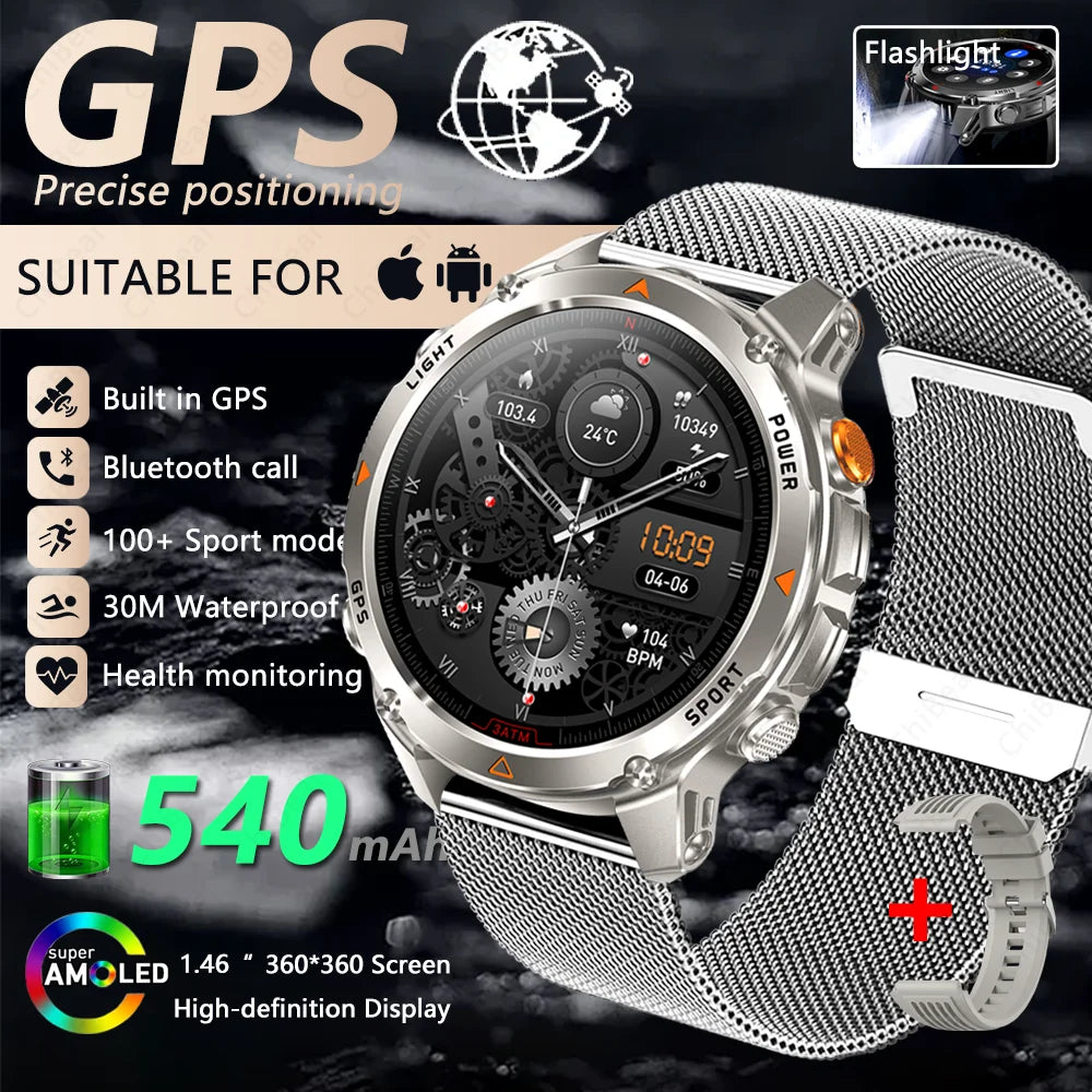 Outdoor Military Smart Watch Men Built-in GPS 1.46" AMOLED Compass Altimeter BT Call 3ATM Waterproof Clock LED Sports Smartwatch