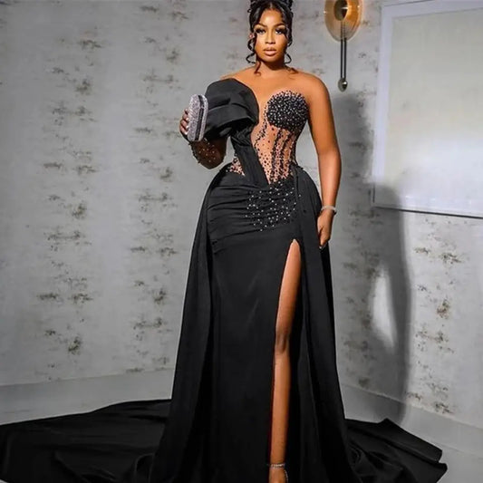 Black Luxury Evening Dresses 2024 Mermaid Satin Robes De Soirée One Shoulder