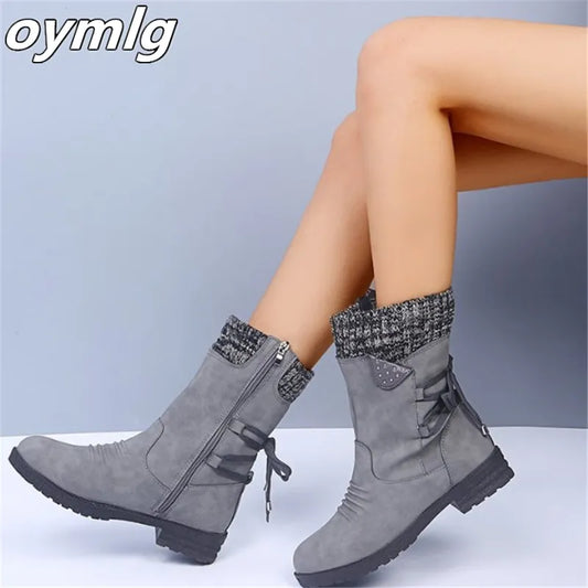 Winter Women Mid-Calf Boots Fashion Snow Boots Retro Zipper Warm Boots