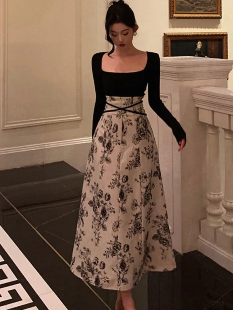 Evening Dresses: Women's Floral Patchwork Midi Dress Square Collar Long Sleeve