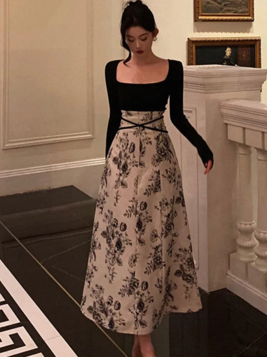 Evening Dresses: Women's Floral Patchwork Midi Dress Square Collar Long Sleeve