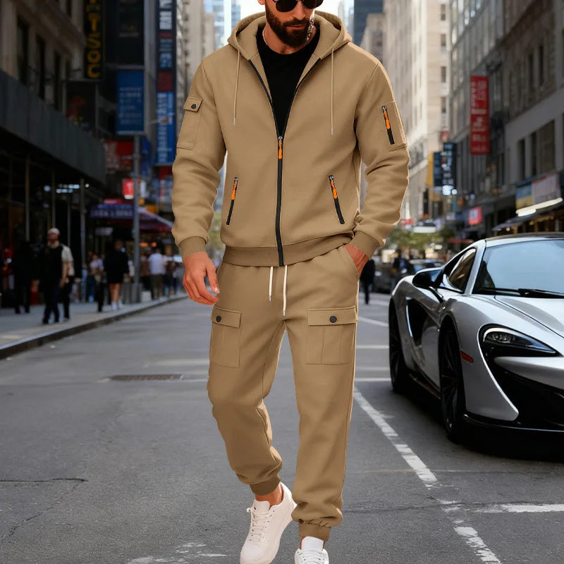 Autumn and winter men's velvet loose casual tooling outdoor sports fashion hooded sweater set